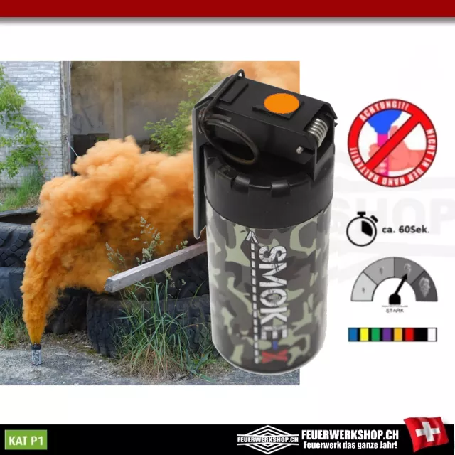 Large smoke grenade for paintball and airsoft rocker arms - orange